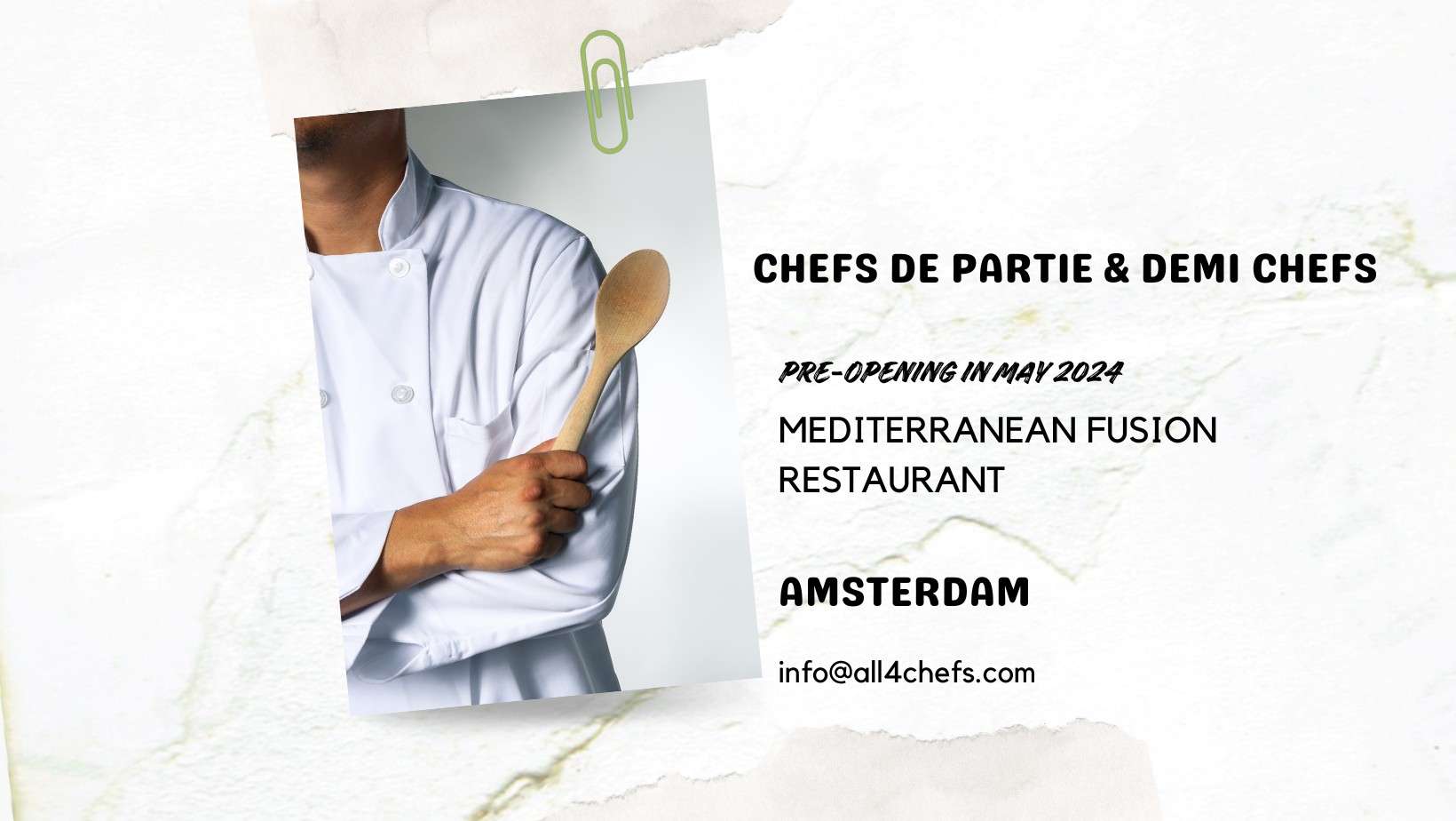 All4Chefs hiring chefs for Mediterranean fusion restaurant in Amsterdam